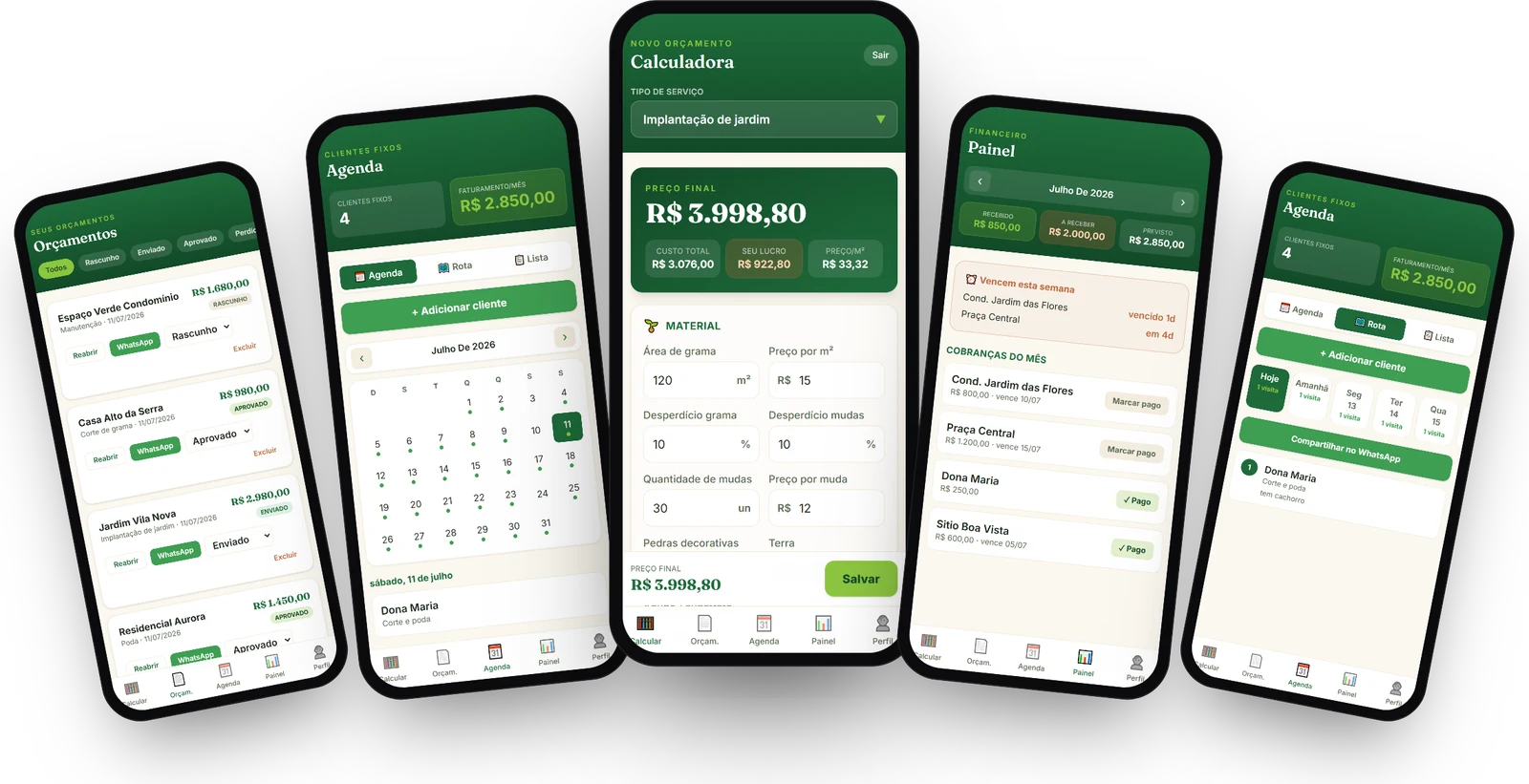 Telas do app Calculadora do Jardineiro: calculadora, agenda, painel financeiro e rota da semana