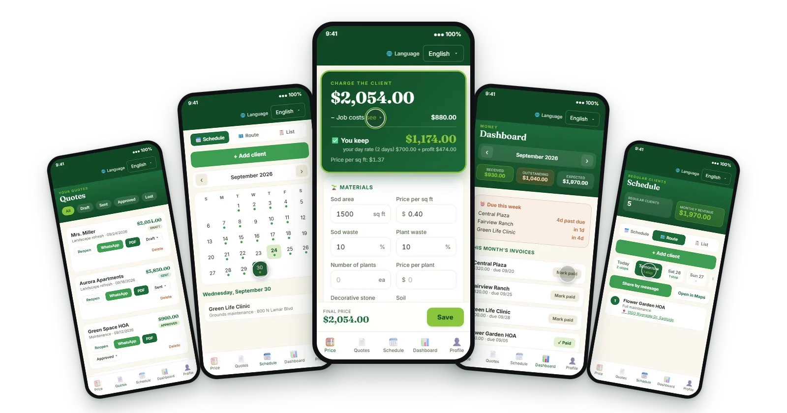 Screens of the Gardener's Calculator app: calculator, schedule, money dashboard and the week's route