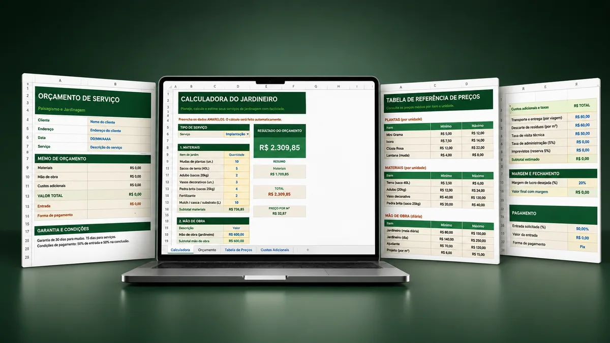 Planilha da Calculadora do Jardineiro no computador: orçamento, tabela de preços e margem