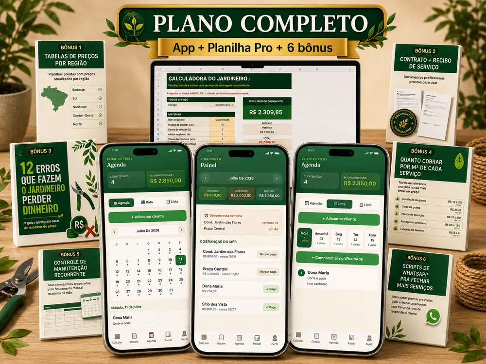 App completo da Calculadora do Jardineiro no celular